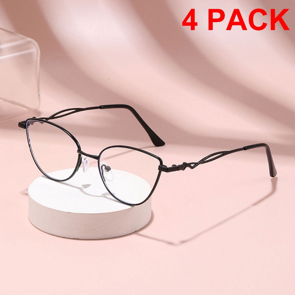 4 Pairs of Women Cat Eye Anti-blue Light Black Reading Glasses 4.0 Metal Presbyopia Glasses Fashinable Readers +4.00 strength