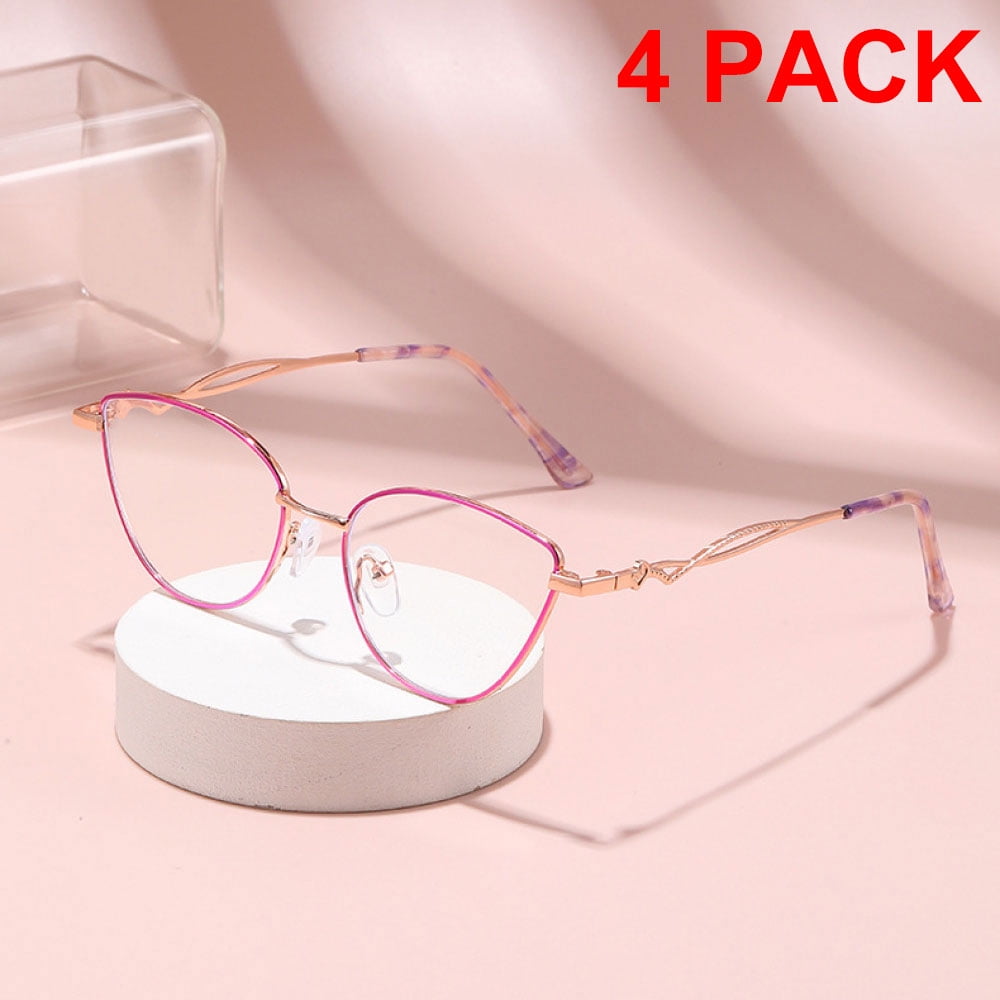 4 Pairs of Women Cat Eye Anti-blue Light Purple Gold Reading Glasses 3.0 Metal Presbyopia Glasses Fashinable Readers +3.00 strength