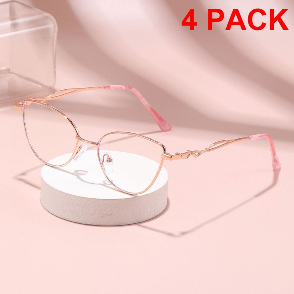 4 Pairs of Women Cat Eye Anti-blue Light Reading Glasses Metal Presbyopia Glasses Fashinable Readers Rose Gold Eyeglasses Frame