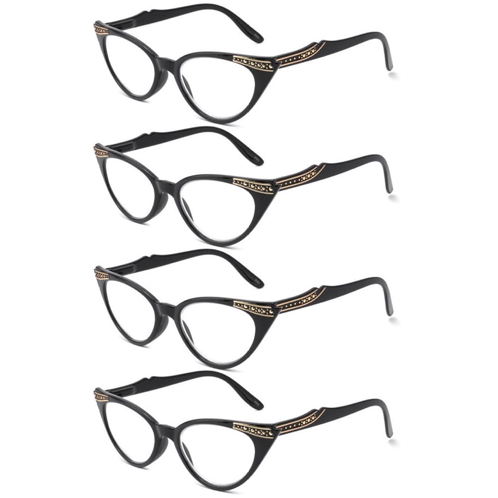 4 Pairs of Women Cat Eyes Black Reading Glasses Ladies Readers Spring Hinge Butterfly Trendy Plastic HD Diamond Presbyopia Glasses +2.00