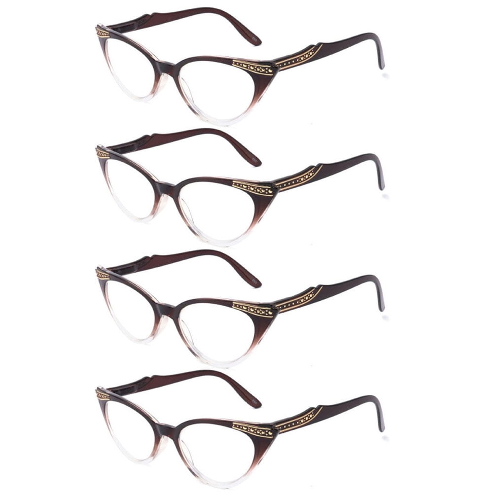 4 Pairs of Women Cat Eyes Gradient Brown Reading Glasses Ladies Readers Spring Hinge Butterfly Trendy Plastic HD Diamond Presbyopia Glasses +3.50