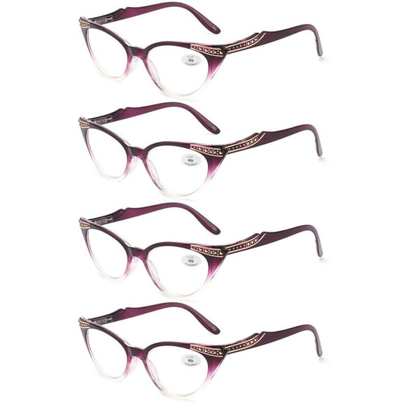 4 Pairs of Women Cat Eyes Gradient Purple Reading Glasses Ladies Readers Spring Hinge Butterfly Trendy Plastic HD Diamond Presbyopia Glasses +3.00