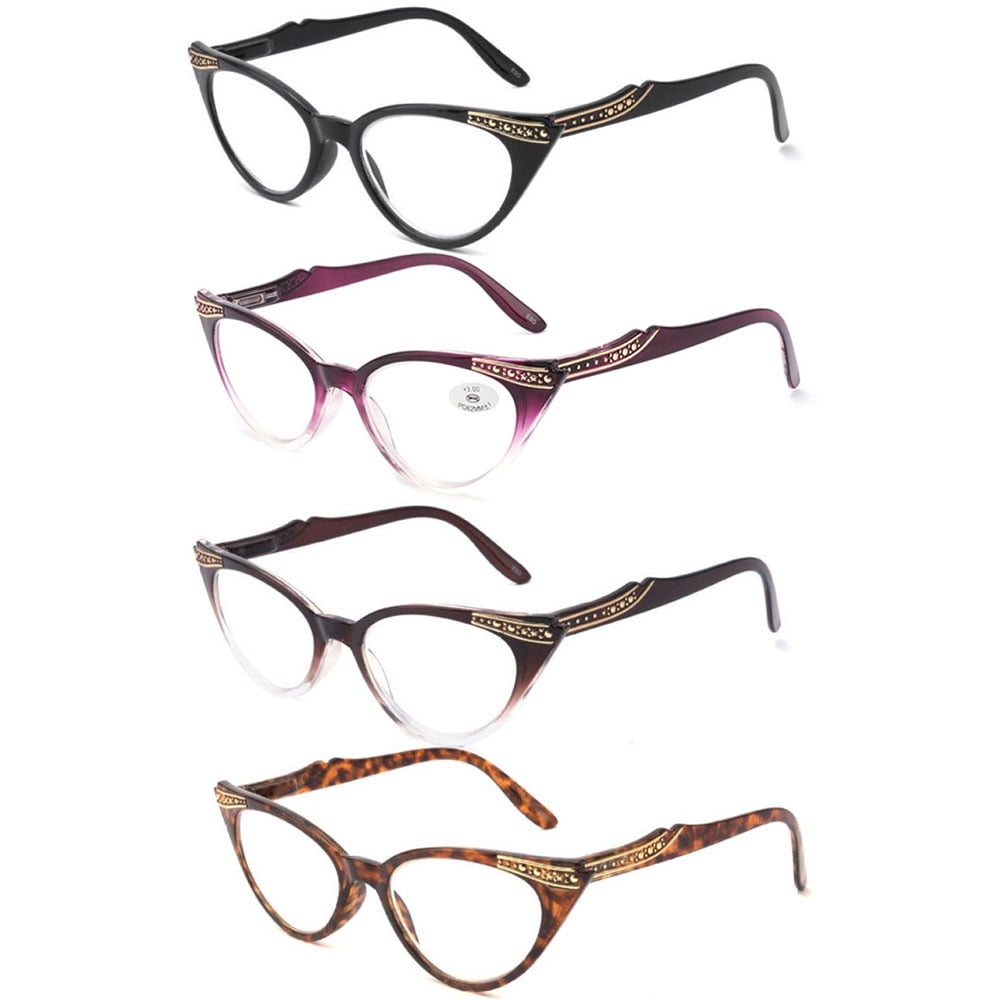 4 Pairs of Women Cat Eyes Reading Glasses Ladies Readers Spring Hinge Butterfly Trendy Plastic HD Diamond Presbyopia Glasses +3.00