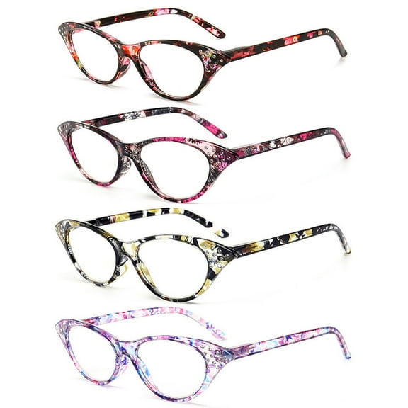 4 Pairs of Women Classic Cat Eye Reading Glasses HD Spring Hinge Presbyopia Glasses Ladies Plastic Readers +3.00 with Pouch