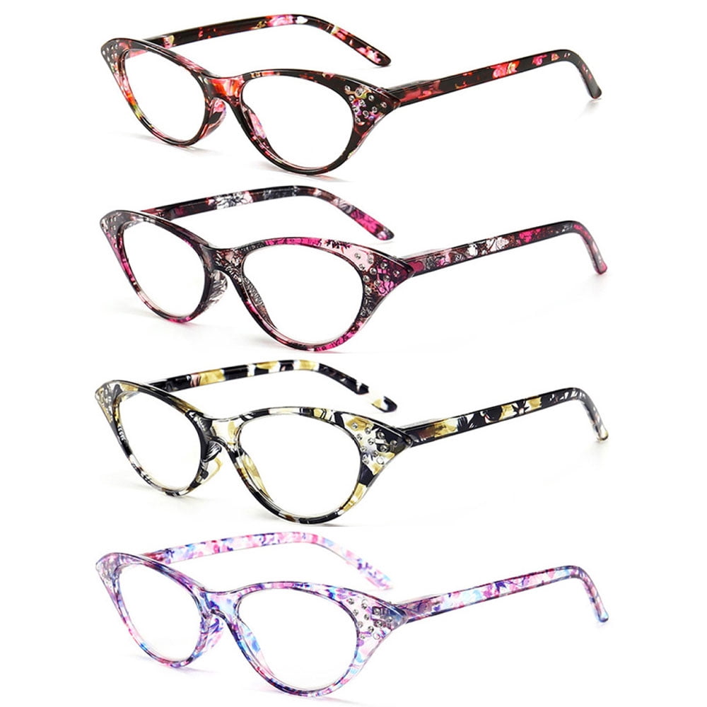 4 Pairs of Women Classic Cat Eye Reading Glasses HD Spring Hinge Presbyopia Glasses Ladies Plastic Readers +4.00 with Pouch