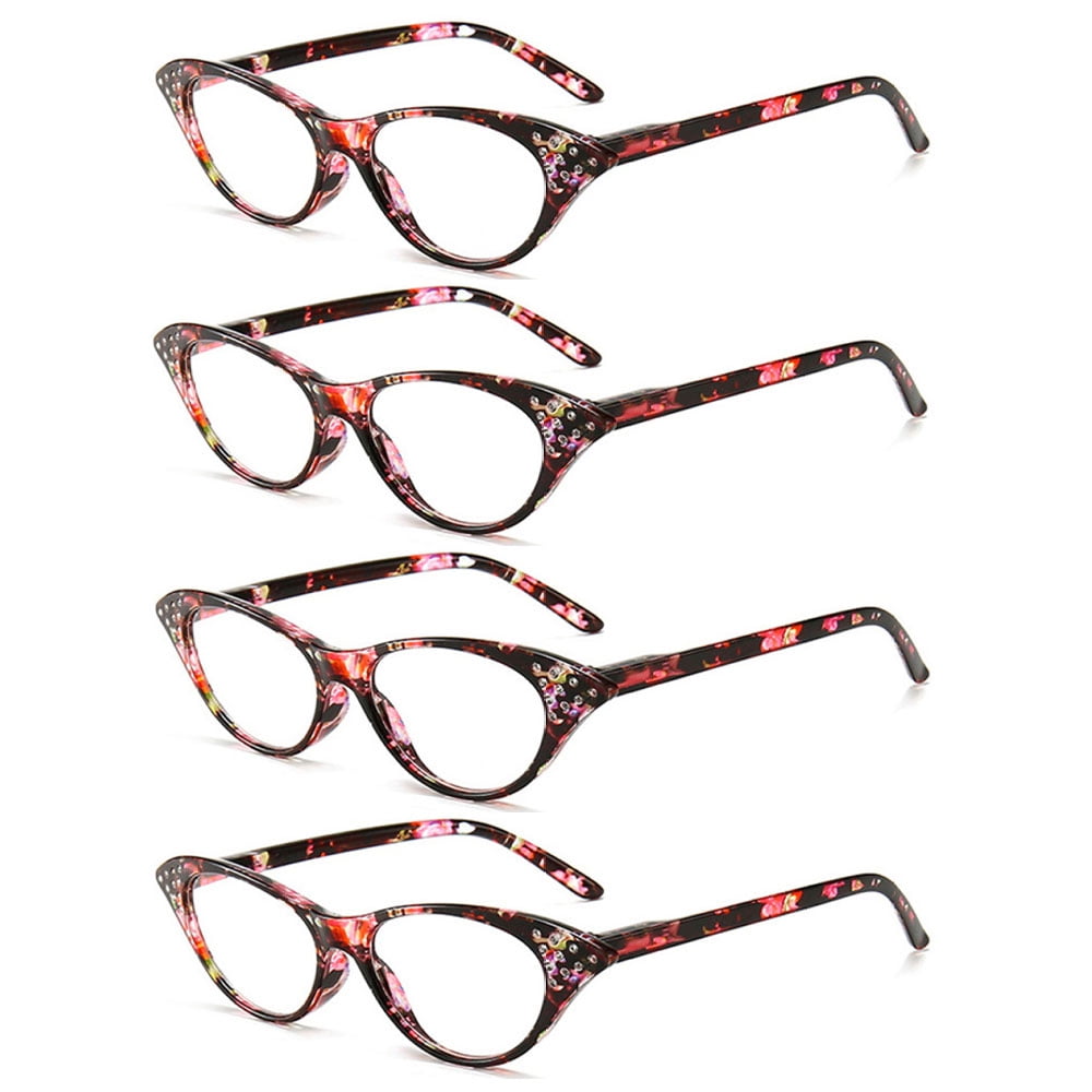 4 Pairs of Women Classic Floral Print Cat Eye Reading Glasses HD Spring Hinge Presbyopia Glasses Ladies Plastic Readers +1.00 with Pouch