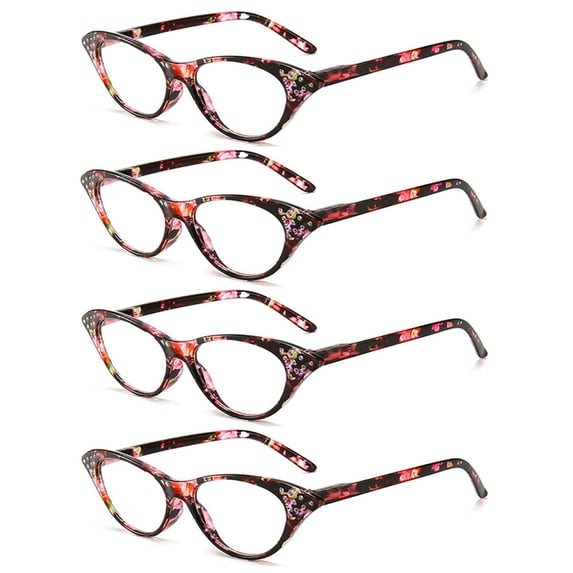 4 Pairs of Women Classic Floral Print Cat Eye Reading Glasses HD Spring Hinge Presbyopia Glasses Ladies Plastic Readers +1.00 with Pouch