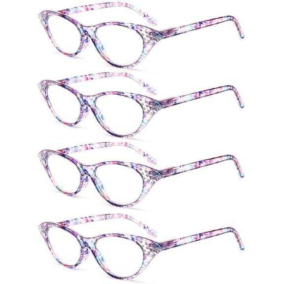 4 Pairs of Women Classic Purple Cat Eye Reading Glasses HD Spring Hinge Presbyopia Glasses Ladies Plastic Readers +2.00 with Pouch