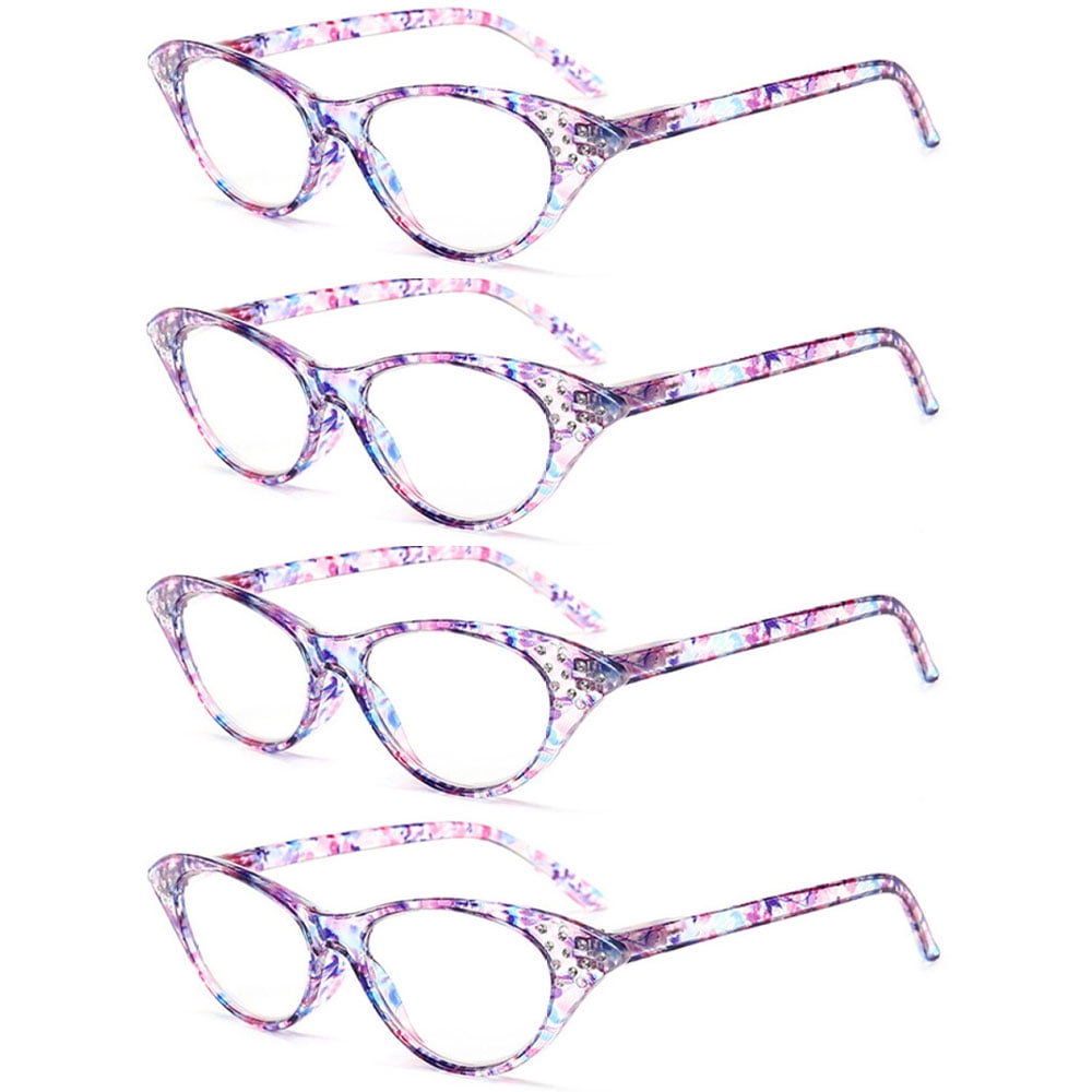 4 Pairs of Women Classic Purple Cat Eye Reading Glasses HD Spring Hinge Presbyopia Glasses Ladies Plastic Readers +2.50 with Pouch