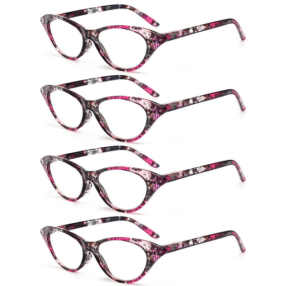 4 Pairs of Women Classic Red Floral Print Cat Eye Reading Glasses HD Spring Hinge Presbyopia Glasses Ladies Plastic Readers +1.50 with Pouch