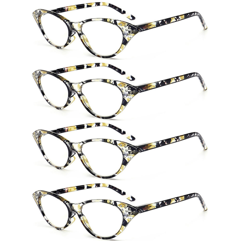 4 Pairs of Women Classic Yellow Cat Eye Reading Glasses HD Spring Hinge Presbyopia Glasses Ladies Plastic Readers +1.00 with Pouch