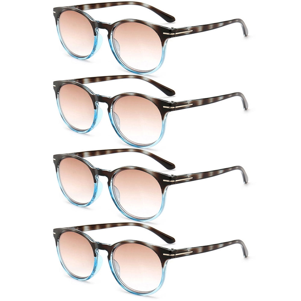 4 Pairs of Women Gradient Brown Reading Glasses 3.00, Tortoiseshell Blue Round Spring Hinge Blue Light Blocking Readers +3.00 Strength UV