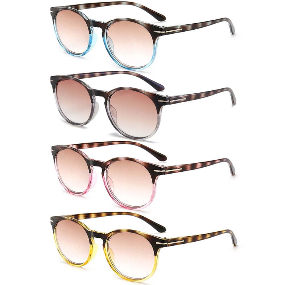 4 Pairs of Women Gradient Brown Reading Glasses 3.00, Tortoiseshell Round Spring Hinge Blue Light Blocking Readers +3.00 Strength UV