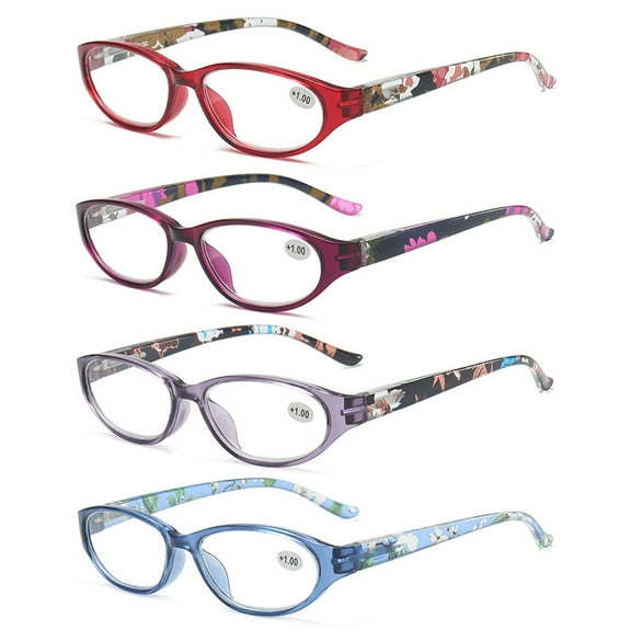 4 Pairs of Women Oval Reading Glasses 1.00 Spring Hinge Presbyopic Glasses Lightweight Floral Readers +1.00 Strength