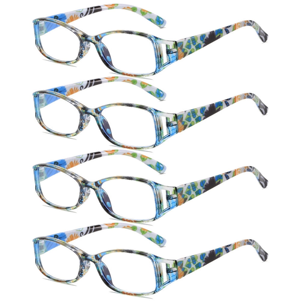 4 Pairs of Women Small Rectangular Anti-blue Light Reading Glasses 1.50 Blue Printed Ultra-light Readers +1.50 Strength