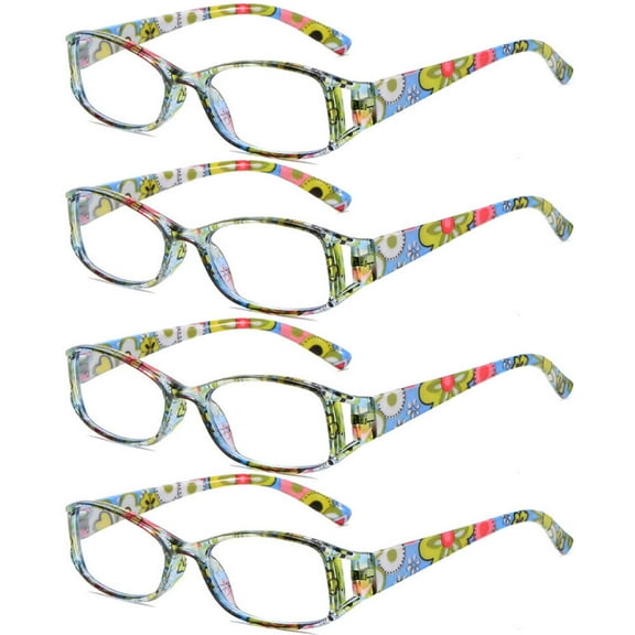 4 Pairs of Women Small Rectangular Anti-blue Light Reading Glasses 2.50 Green and Blue Printed Ultra-light Readers +2.50 Strength