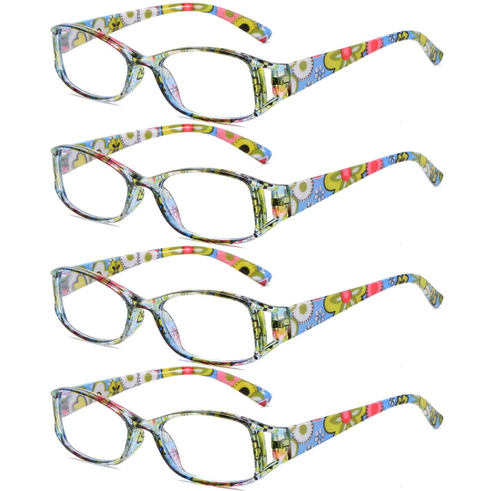 4 Pairs of Women Small Rectangular Anti-blue Light Reading Glasses 3.50 Green and Blue Printed Ultra-light Readers +3.50 Strength