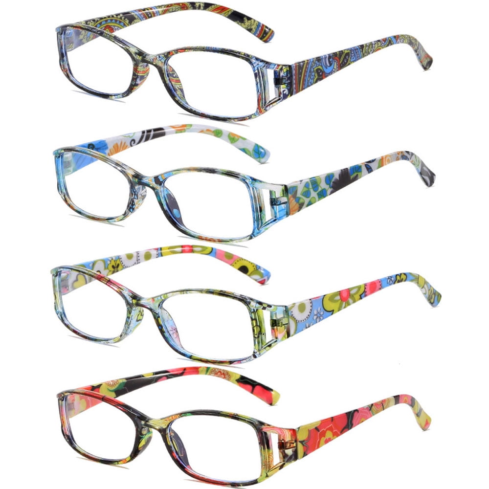 4 Pairs of Women Small Rectangular Anti-blue Light Reading Glasses 3.50 Printed Ultra-light Readers +3.50 Strength