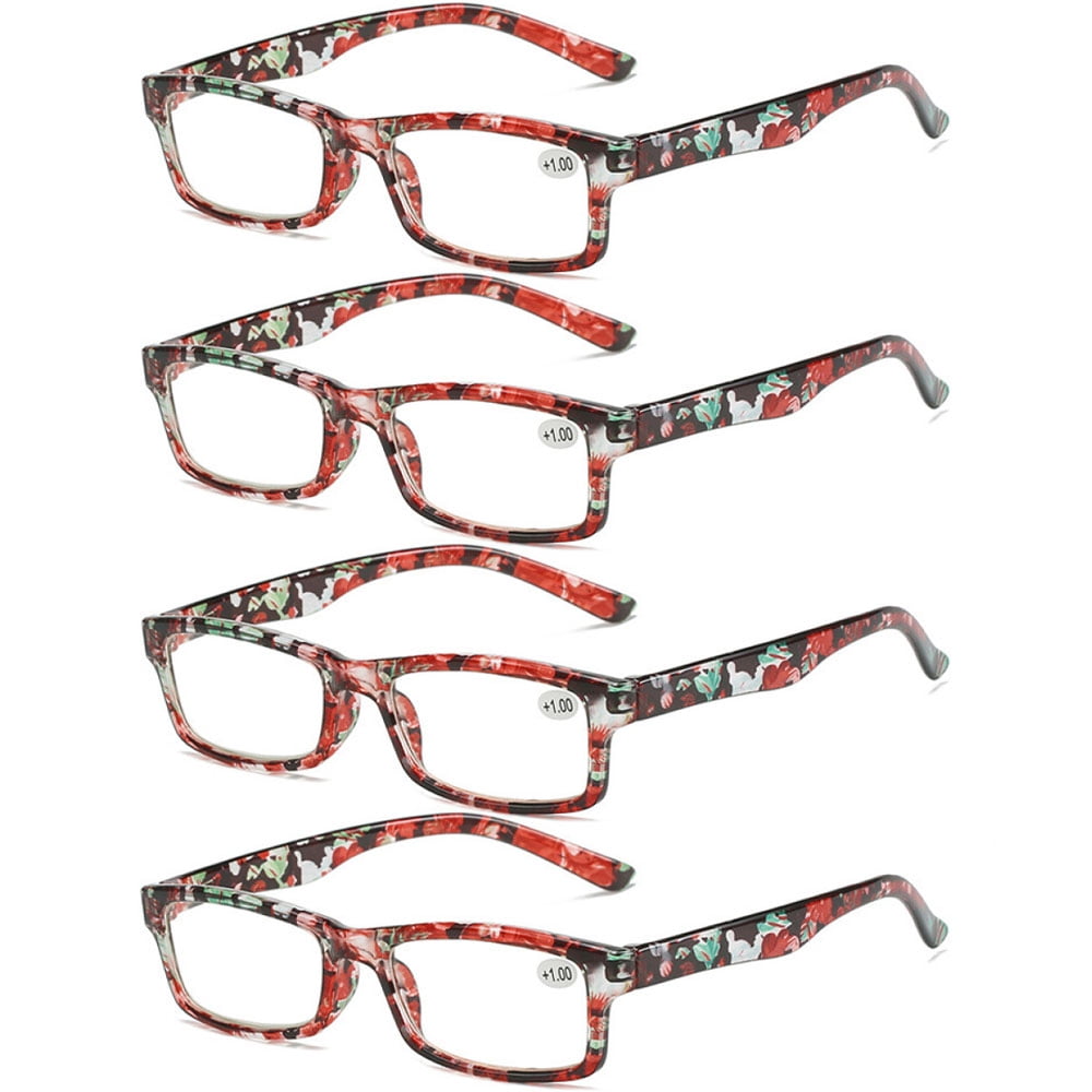 4 Pairs of Women's Black Floral Small Rectangle Reading Glasses 3.50 Men's Classic Presbyopic Glasses, HD Plastic Blue Light Blocking Readers +3.50