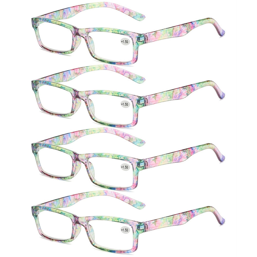 4 Pairs of Women's Green Floral Small Rectangle Reading Glasses 3.50 Men's Classic Presbyopic Glasses, HD Plastic Blue Light Blocking Readers +3.50