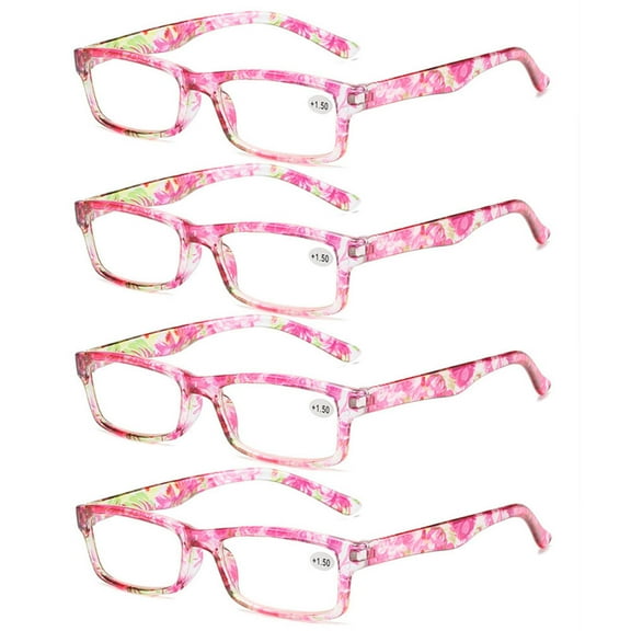 4 Pairs of Women's Pink Floral Small Rectangle Reading Glasses 2.00 Men's Classic Presbyopic Glasses, HD Plastic Blue Light Blocking Readers +2.00