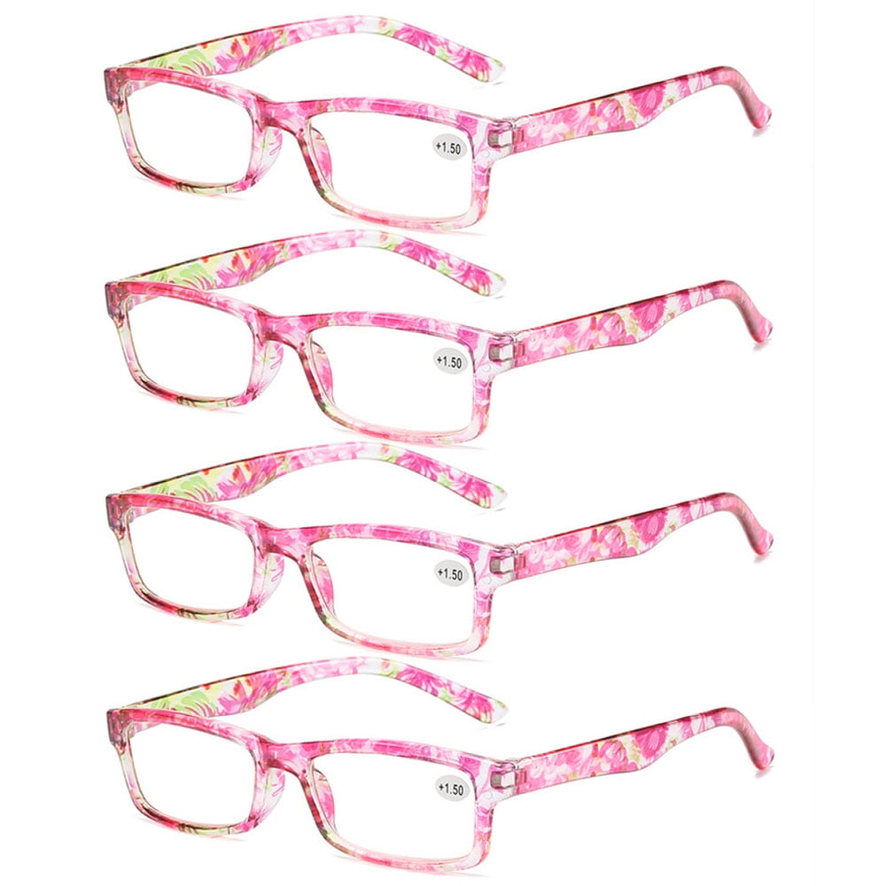 4 Pairs of Women's Pink Floral Small Rectangle Reading Glasses 3.00 Men's Classic Presbyopic Glasses, HD Plastic Blue Light Blocking Readers +3.00