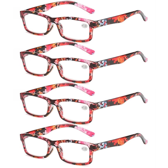 4 Pairs of Women's Red Floral Small Rectangle Reading Glasses 3.50 Men's Classic Presbyopic Glasses, HD Plastic Blue Light Blocking Readers +3.50