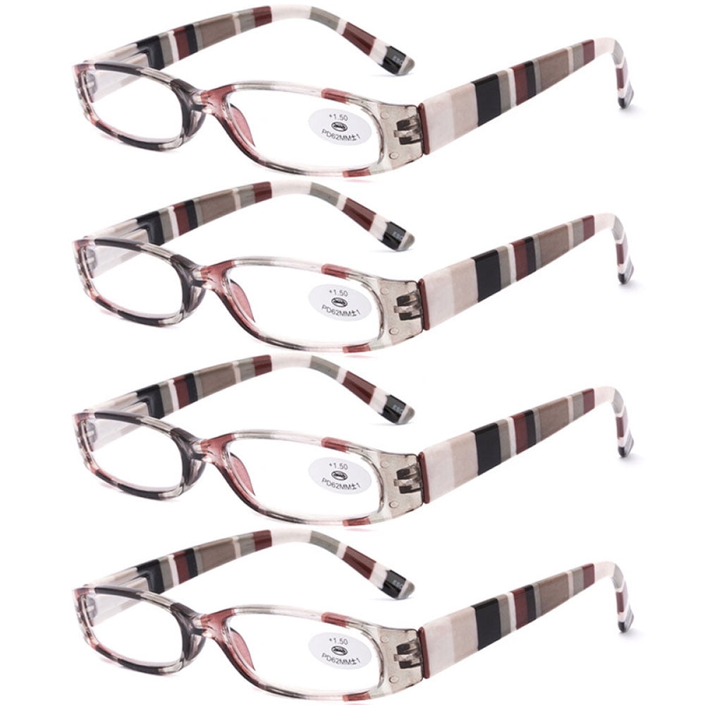4 Pairs of Women's Small Rectangle Reading Glasses 2.00, Multicolored stripes Men's Classic Presbyopic Glasses, HD Plastic Spring Hinge Readers +2.00
