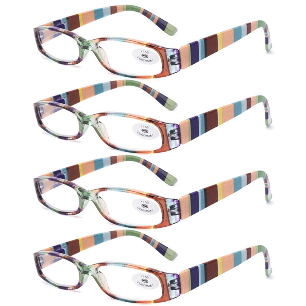 4 Pairs of Women's Small Rectangle Reading Glasses 2.50, Multicolored stripes Men's Classic Presbyopic Glasses, HD Plastic Spring Hinge Readers +2.50