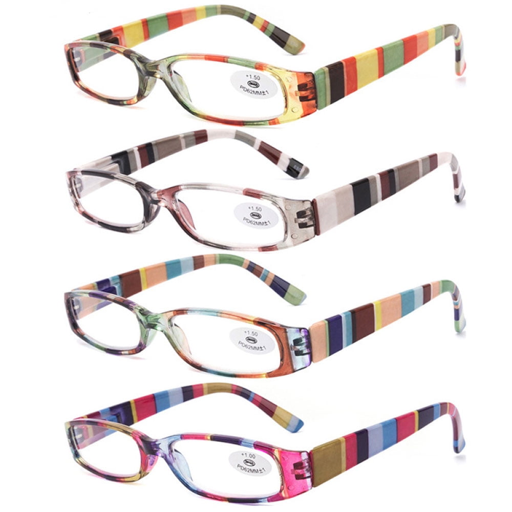 4 Pairs of Women's Small Rectangle Reading Glasses 2.50, Multicolored stripes Men's Classic Presbyopic Glasses, HD Plastic Spring Hinge Readers +2.50