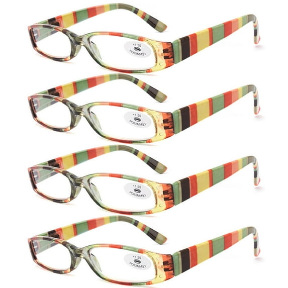 4 Pairs of Women's Small Rectangle Reading Glasses 3.50, Multicolored stripes Men's Classic Presbyopic Glasses, HD Plastic Spring Hinge Readers +3.50
