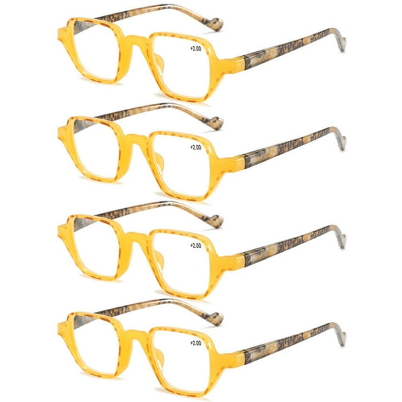 4 Pairs of Womens Candy Color Yellow Square Personalized Reading Glasses Men Fashion Spring Hinge Readers Plastic Presbyopia Glasses +1.00