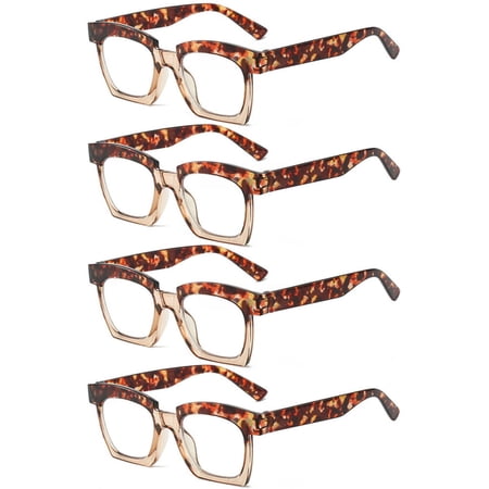 4 Pairs of Womens Thick Oversized Square Fashionable Reading Glasses Mens Blue Light Blocking Tortoiseshell Readers
