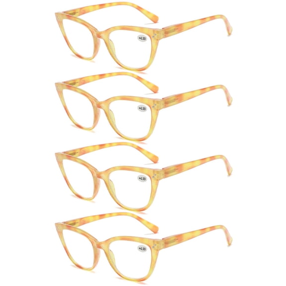 4 Pairs of Yellow Floral Cat Eye Reading Glasses 2.00 Ladies Spring Hinge Readers +2.00 for Women HD