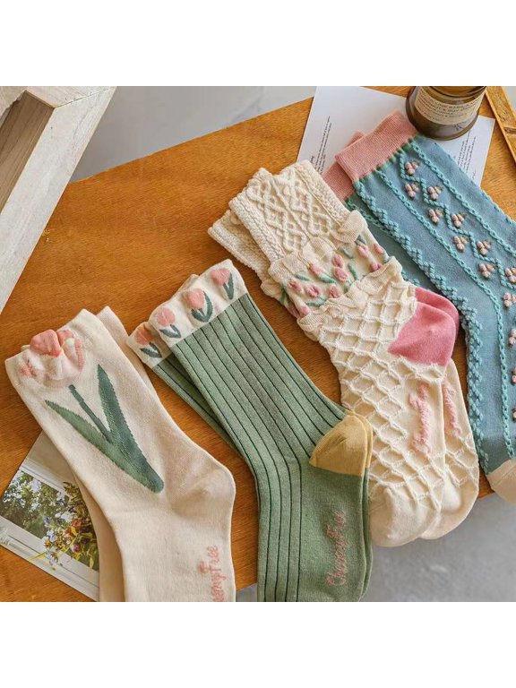 4 Pairs tulip Cute Socks, Women's Lace Ruffles Ankle Casual Sock, Breathable Mid Tube Socks, Floral Crew Socks