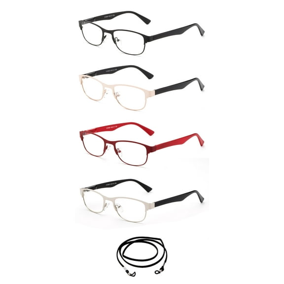 4 PairsNewbee Fashion - "Zental" Slim Fit Squared Spring Hinge Premium Reading Glasses with Landyard, +1.25