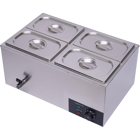 4-Pan Bain Marie Steam Table, Commercial Countertop Steam Table Food Warmer 600W 16.9Qt Stainless Steel Electric Food Soup Warmer with Lid and Tap for Restaurant, Buffet Catering