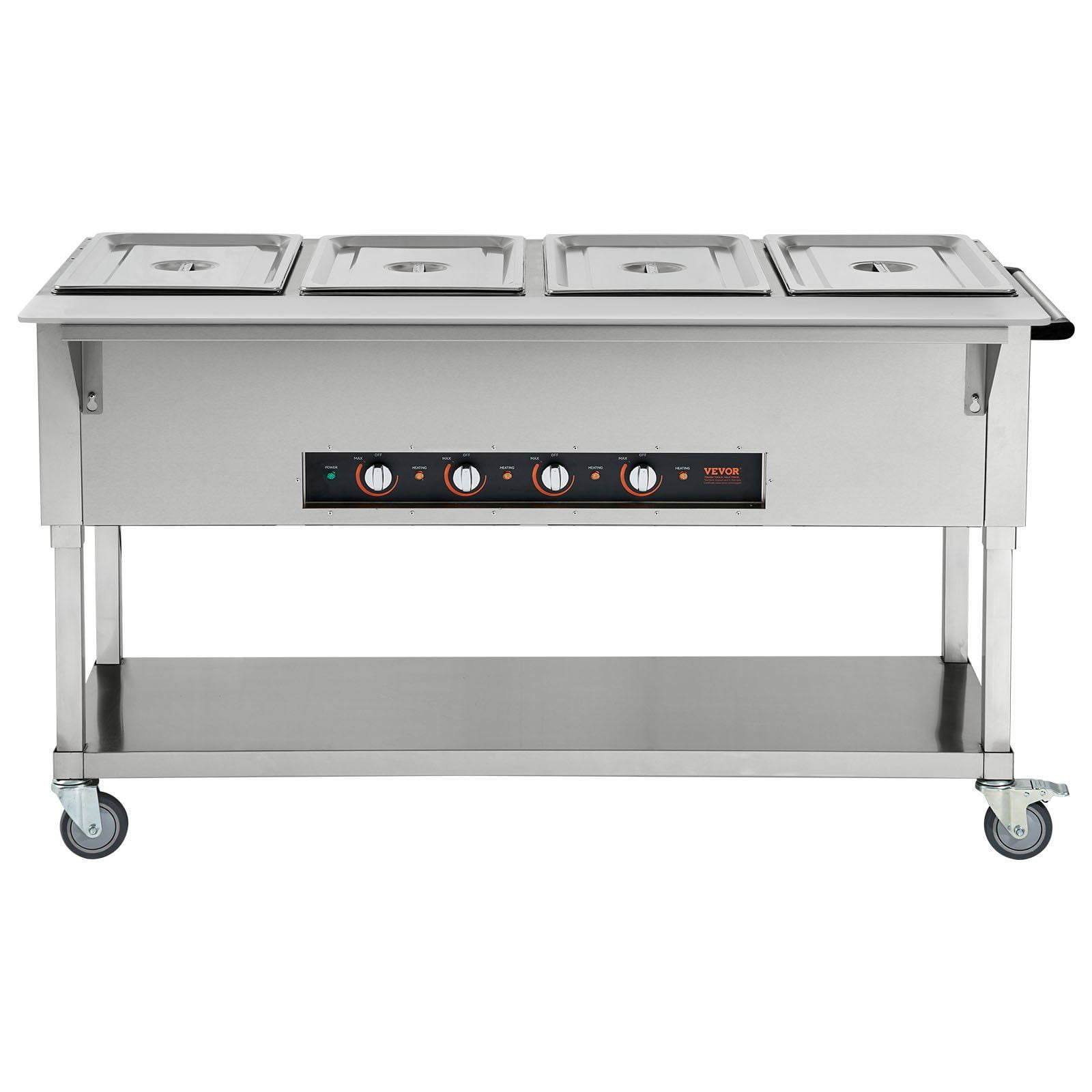 Silver Stainless Steel 4-Pan Commercial Food Warmer with Wheels