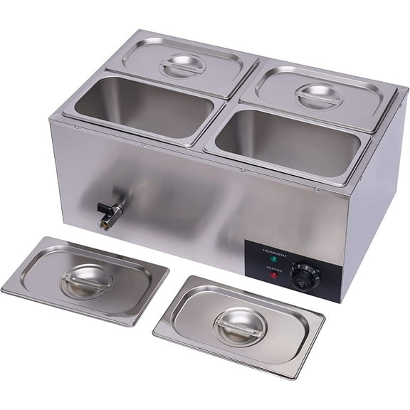 4 Pan Commercial Food Warmer Countertop with Lids, Electric Food Warmer Steam Table, 600W Professional Buffet Servers and Warmers Stainless Steel Buffet Bain Marie with 86-185°F Temp Control