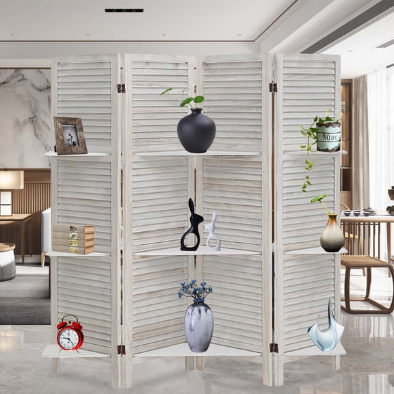 4 Panel 5.6FT Wooden Room Divider Folding Privacy Screen Partition W/ Shelves
