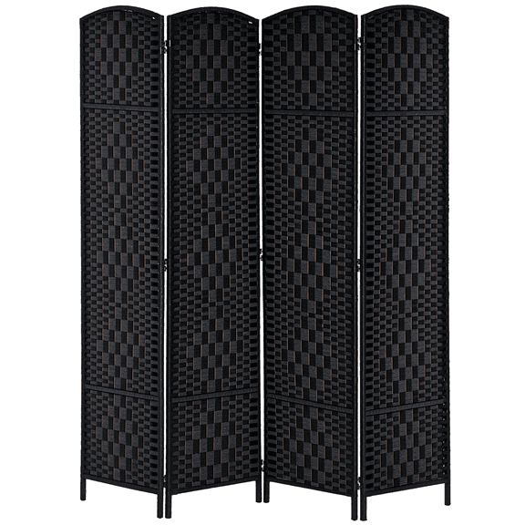 4-Panel 6' Tall Folding Privacy Screen, Freestanding Room Divider, Hand-Woven Paper Rope, Black