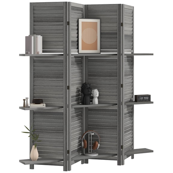4-Panel 67" Tall Wood Privacy Screen Room Divider with 3 Shelves, Folding Storage, Gray