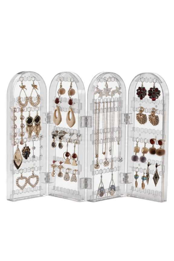 4-Panel Acrylic Earring Organizer Stand, Foldable Jewelry Display Holder with 368 Slots (128 Grooves & 240 Holes), Clear Plastic Storage Rack for Earrings, Necklaces, Studs (2810.443.8cm)