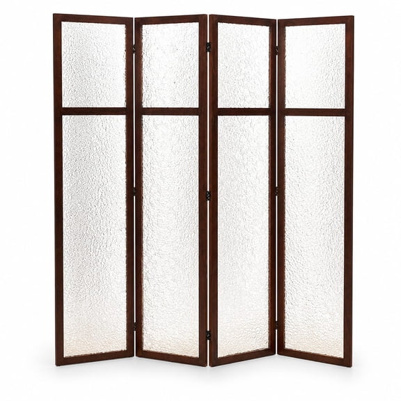 4-Panel Acrylic Room Divider, Freestanding Privacy Screen with Frosted Translucent Panels, Lightweight Modern Partition for Home Office Studio, Walnut Finish