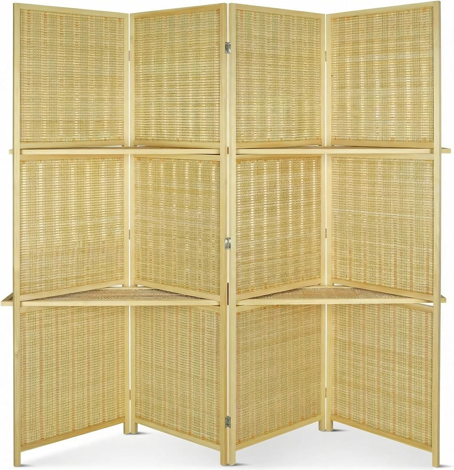 4 Panel Bamboo Room Divider with Shelves, Lightweight Privacy Screen for Bedroom Home Office, No Assembly Required