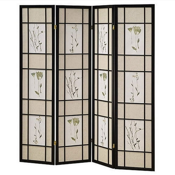 4 Panel Floral Shoji Screen, Room Divider