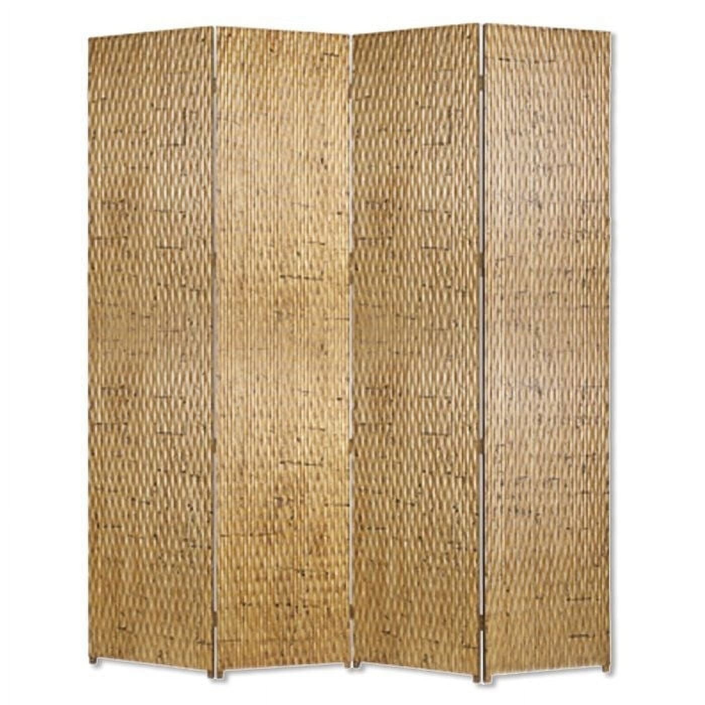 4 Panel Foldable Room Divider with Patterned Wood Panelling, Gold ...