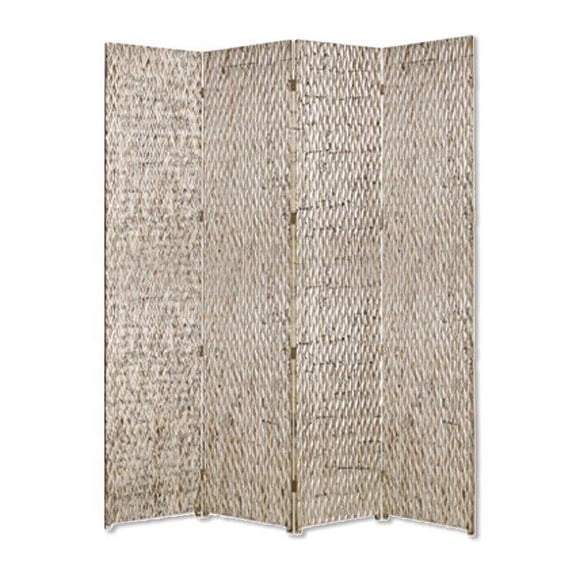 4 Panel Foldable Room Divider with Patterned Wood Panelling, Silver- Saltoro Sherpi