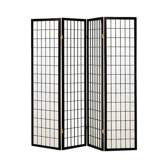 4 Panel Foldable Wooden Frame Room Divider with Grid Design Black - Saltoro Sherpi