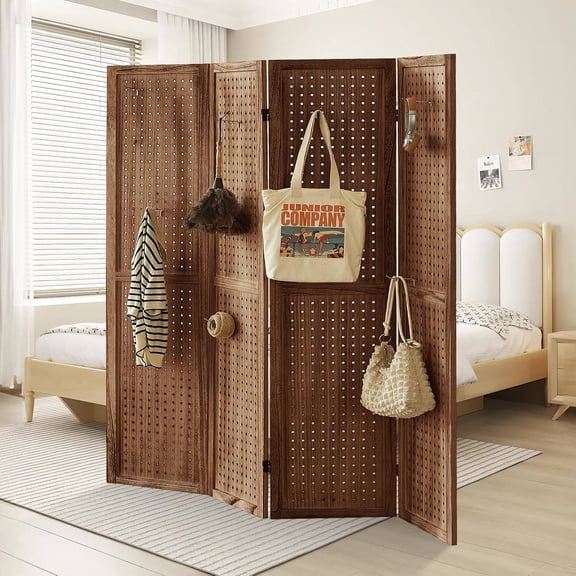 4-Panel Foldable Wooden Pegboard Room Divider with 16 Hooks, Brown